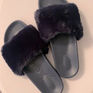 Furry navy blue J. Crew slides